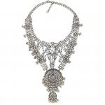 Silver Crystal Waterfall Diamante Medallion Bib Necklace